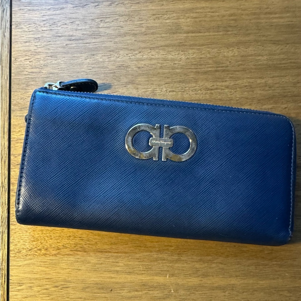 Salvatore Ferragamo Navy Leather Zip Wallet SALE!!